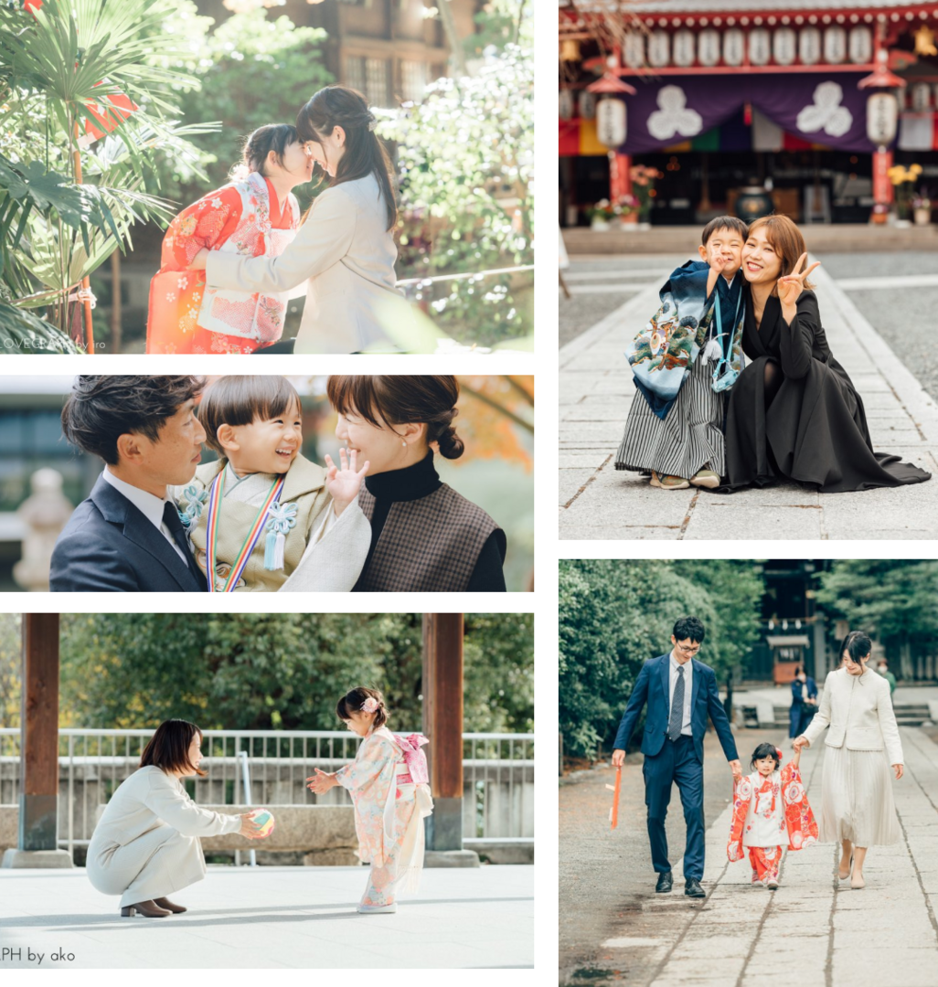 （画像上部がすべて写真のコラージュ） 上部左、明るい森の中で母親と子が向き合う。 上部右、神社を背景に母親と子がカメラ目線でポーズ。 中部左、家族3人のバストアップ。 中部左下、石畳の上で母親が子にボールを渡す。 中部右下、石畳の上を家族3人で手をつないで歩く。
