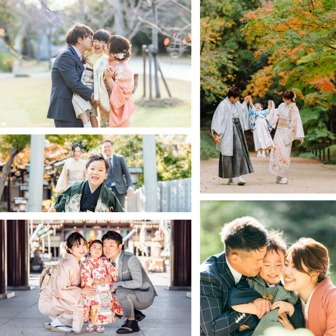 七五三の家族写真・出張撮影の作例コラージュ。訪問着（着物）を着た母親やスーツ姿の父親、羽織袴・被布コートを着た子どもたちが神社や公園で自然な笑顔を見せるロケーションフォトの事例。