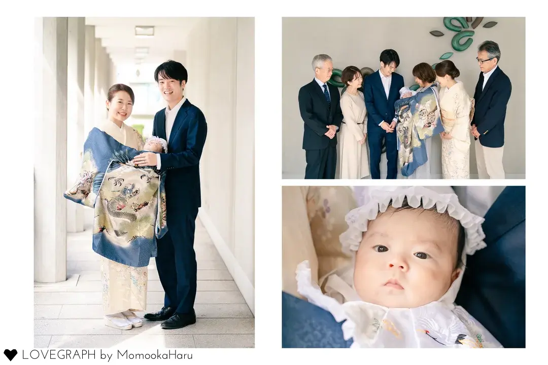 産着「鷹と龍に末広と小槌」の着用写真。お宮参りの記念写真のコラージュ。左は着物姿の母とスーツ姿の父が祝い着の赤ちゃんを抱く夫婦のポートレート。右上は全員集合（祖父母、父母、赤ちゃん）、右下は神社境内で祝い着を掛けた赤ちゃんを優しく見つめる夫婦の、より自然な瞬間。