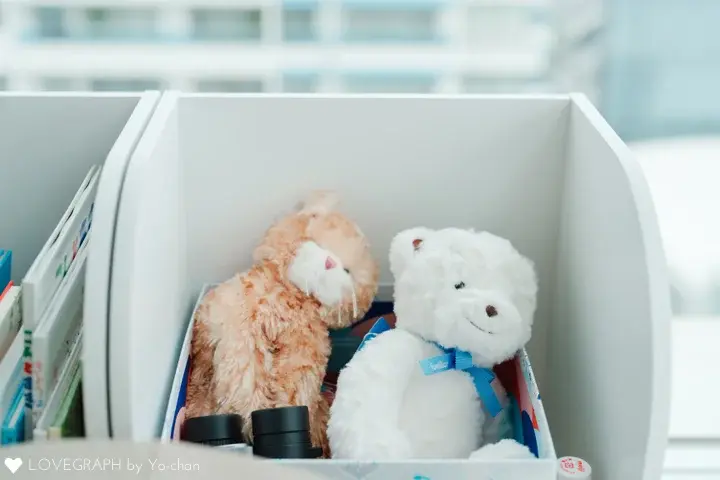 赤ちゃんファーストギフトで選べる「モノ」のイメージ。収納ボックスに並んだ可愛らしいぬいぐるみ