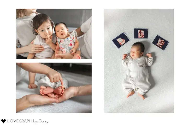 赤ちゃんファーストの体験ギフトで残せるニューボーンフォトの例。上の子とのツーショット、小さな足に結婚指輪を乗せたパーツ写真、エコー写真と一緒に眠る赤ちゃんの3枚のコラージュ