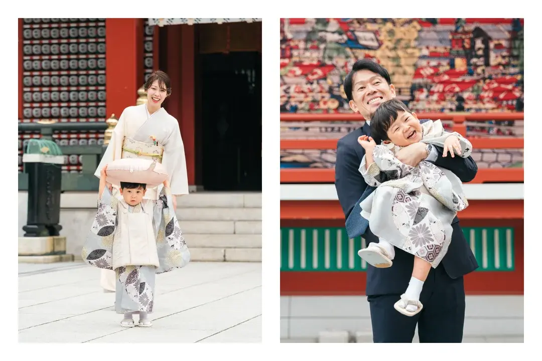 神田明神の境内で「3」の形のバルーンを頭に乗せて歩く着物姿の3歳男の子とそれを見守る母親の姿と、スーツ姿の父親に抱っこされて弾ける笑顔を見せるシーンを収めた七五三2枚組み写真