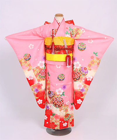 七五三(七歳) |ピンクに桜の地紋と鞠