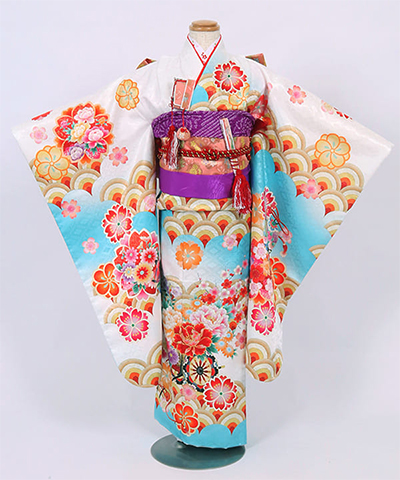 七五三(七歳) |白と水色に波紋様と花車