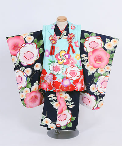 七五三(三歳) | 藍色地に桃の花と雛菊