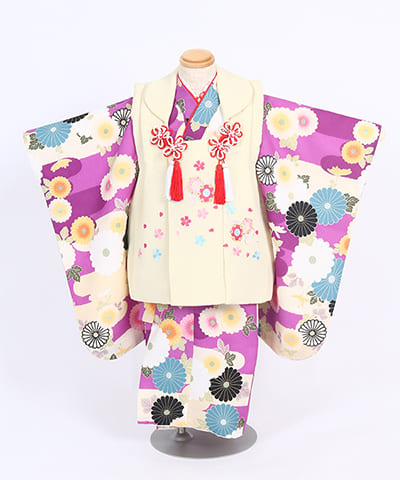 七五三(三歳) | 紫ボーダー柄に花合せ