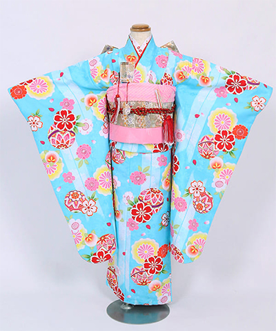 七五三(七歳) |水色地に破魔矢と鞠 桜柄