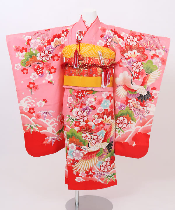 七五三(七歳) | 正絹 ピンク 鶴と松竹梅