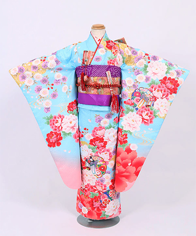 七五三(七歳) |水色地に流水紋と芍薬御所車