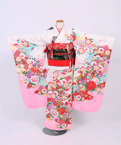 七五三(七歳) |ピンク地に鞠と鼓と花合わせ