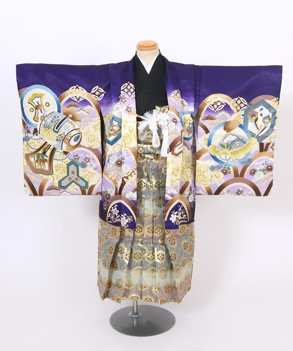 七五三(五歳) | 紫色 青海波文様と鷹 段替り金亀甲袴