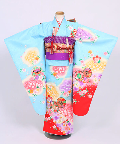 七五三(七歳) |水色地に鼓と花霞