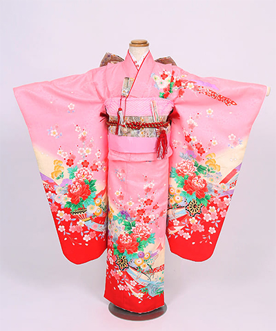 七五三(七歳) |ピンクに桜の地紋と花車 白銀帯