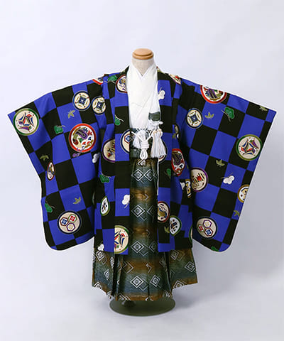 七五三(五歳) | 青黒市松に紋柄文様