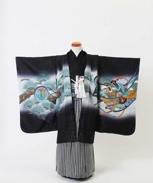 七五三(五歳) | 黒地に白暈し 松と熨斗に大兜