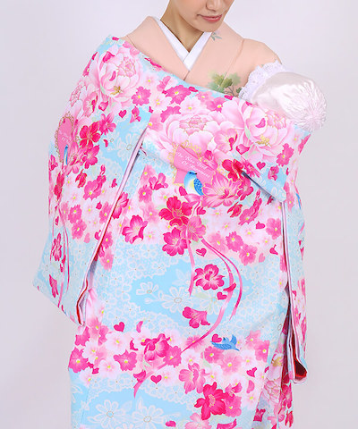 産着(お宮参り) | 水色地に牡丹と桜