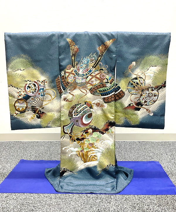 産着(お宮参り) | 青グレーに松 兜に末広と小槌