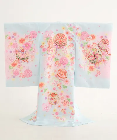 産着(お宮参り) | 水色地に手まりと花尽くし