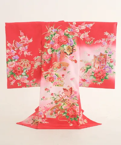 産着(お宮参り)｜赤地に御所車と花尽くし