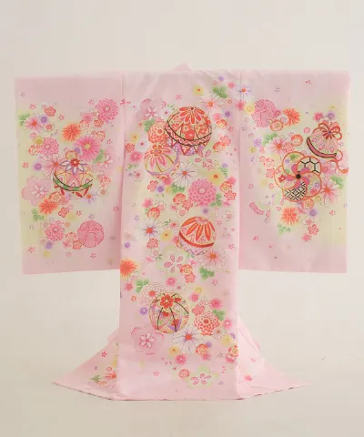 産着(お宮参り)｜ピンク地に手毬と花尽くし
