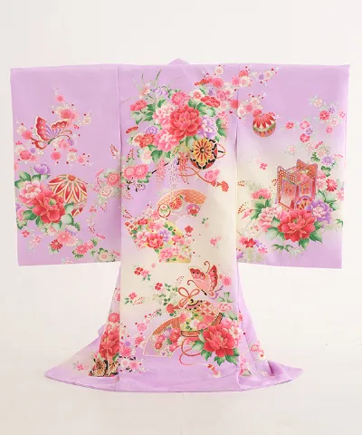 産着(お宮参り)｜紫地に牡丹と御所車