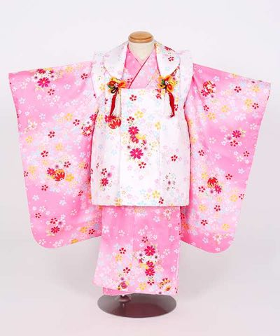 七五三(三歳) | ピンク地に暈しと桜に鞠 白被布