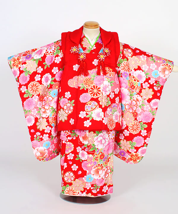 七五三(三歳) | 正絹 赤地に鞠と八重桜 赤被布
