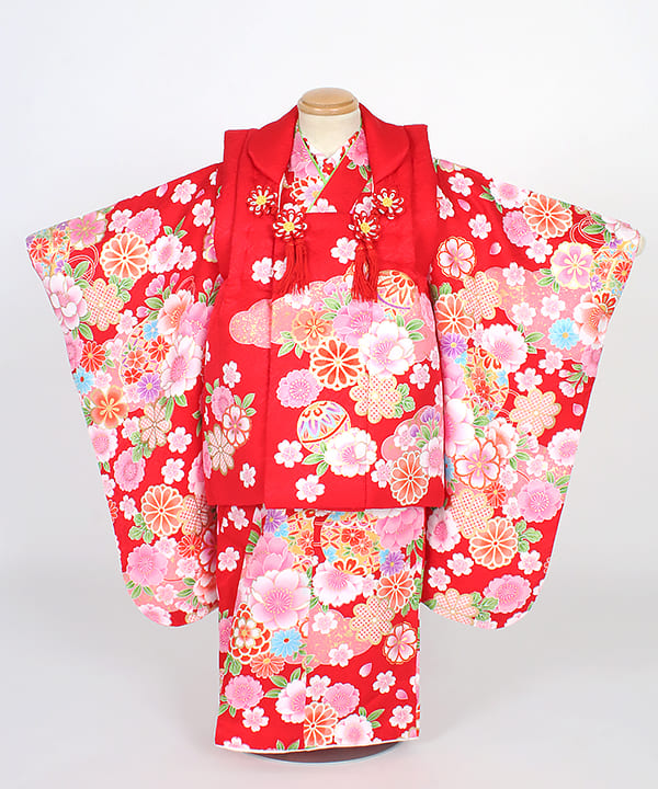 七五三(三歳) | 正絹 赤地に鞠と八重桜 赤被布 刺繍衿