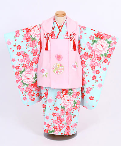 七五三(三歳) | 水色地に桜と芍薬