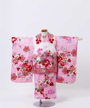 七五三(三歳) | 正絹【はな姫】かのこ毬と牡丹柄 ピンク×赤×白