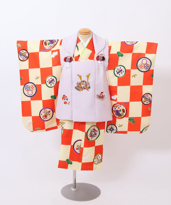 七五三(三歳男の子) | 赤白市松に吉祥文様と兜