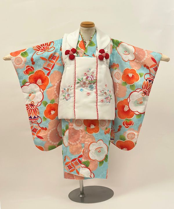 七五三(三歳) | 水色地に椿と花車