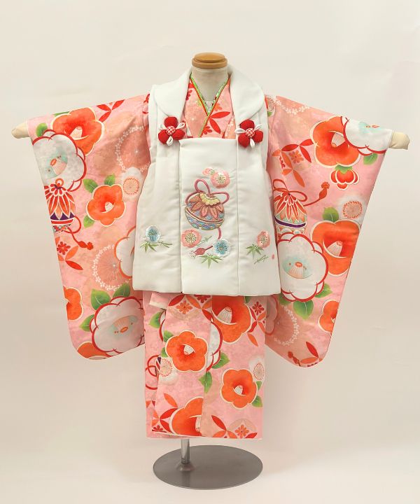 七五三(三歳) | ピンク地に椿と手まり