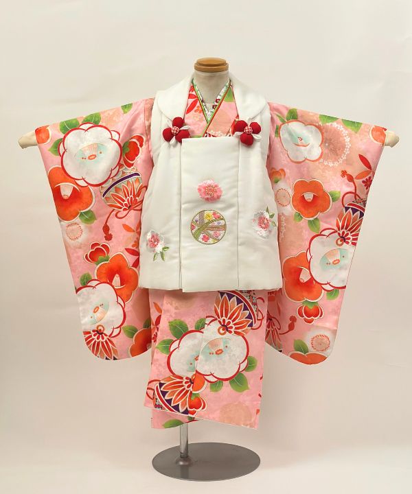 七五三(三歳) | ピンク地に椿と手まり