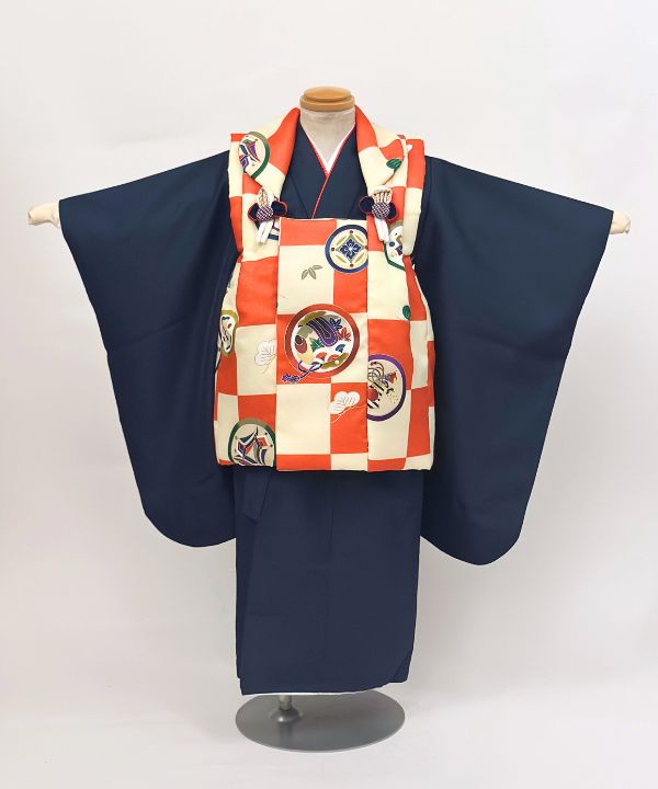 七五三(三歳男の子) | 紺地に赤白市松と吉祥文様
