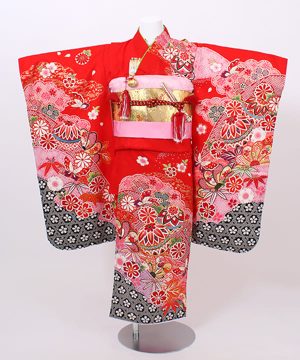 七五三(七歳) | 正絹 赤地 鹿の子模様に鞠と蝶 豪華絢爛