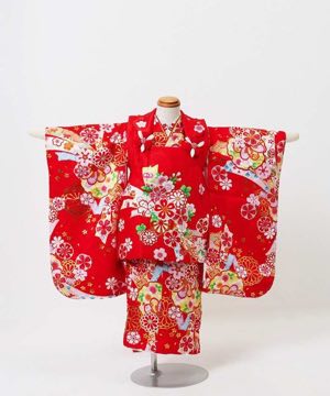七五三(三歳) | 正絹【はな姫】熨斗目に花車柄 赤×赤