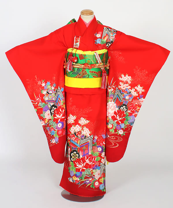 七五三(七歳) | 正絹 赤地に御所車と豪華花模様
