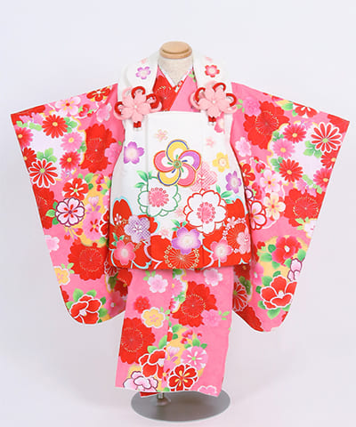 七五三(三歳) | ピンク地に梅と四つ葉の花