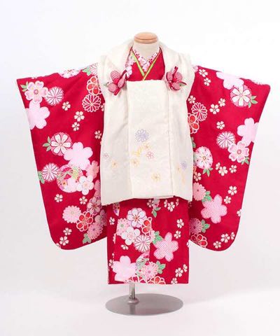 七五三(三歳) | 赤地に桜と菊 小花の白被布