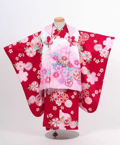 七五三(三歳) | 赤地に桜尽くし ピンク暈し白被布