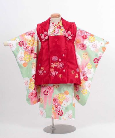 七五三(三歳) | 薄緑地に様々な菊の花 小花の赤被布