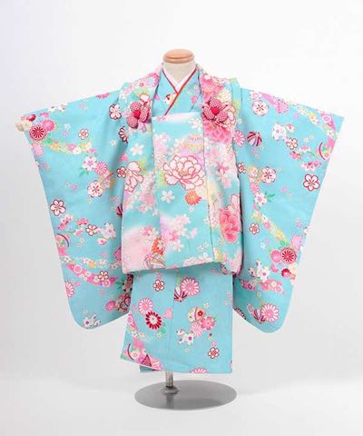 七五三(三歳) | 水色地に鞠と小花 牡丹と小花の水色被布