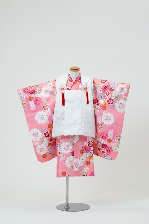 七五三(三歳) | ピンク地に咲き誇る桜と菊梅と矢絣×白の被布