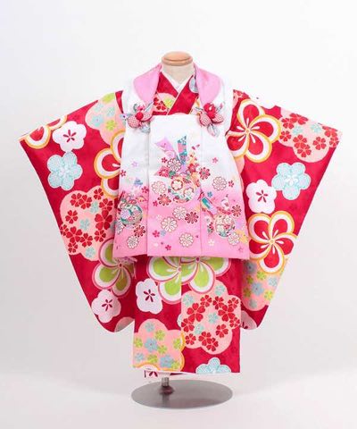 七五三(三歳) | 赤地にポップな桜 白×ピンク被布