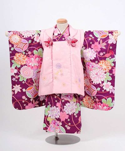 七五三(三歳) | 紫地に七宝文と菊や桜 薄ピンク被布