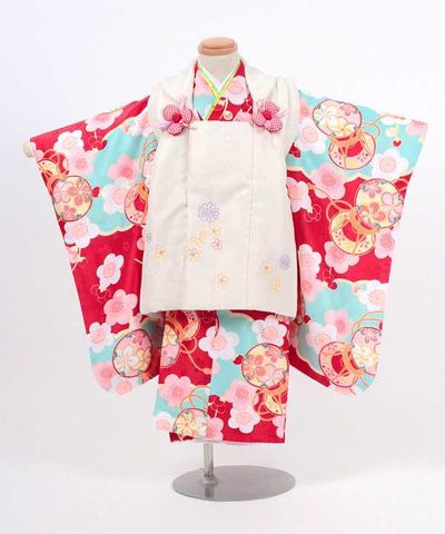 七五三(三歳) | 赤地に水色の雲取りに鼓 小花の白被布