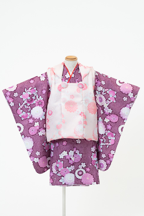 七五三(三歳) | 紫地に花尽くし×薄ピンク(柄)の被布