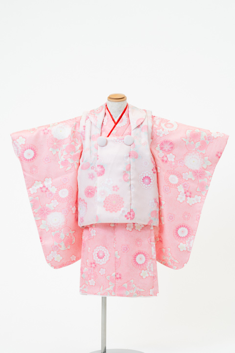七五三(三歳) | ピンク地に花尽くし×薄ピンク(柄)の被布