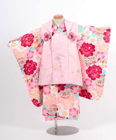 七五三(三歳) | ミント地に鈴と牡丹と梅 小花の薄ピンク被布
